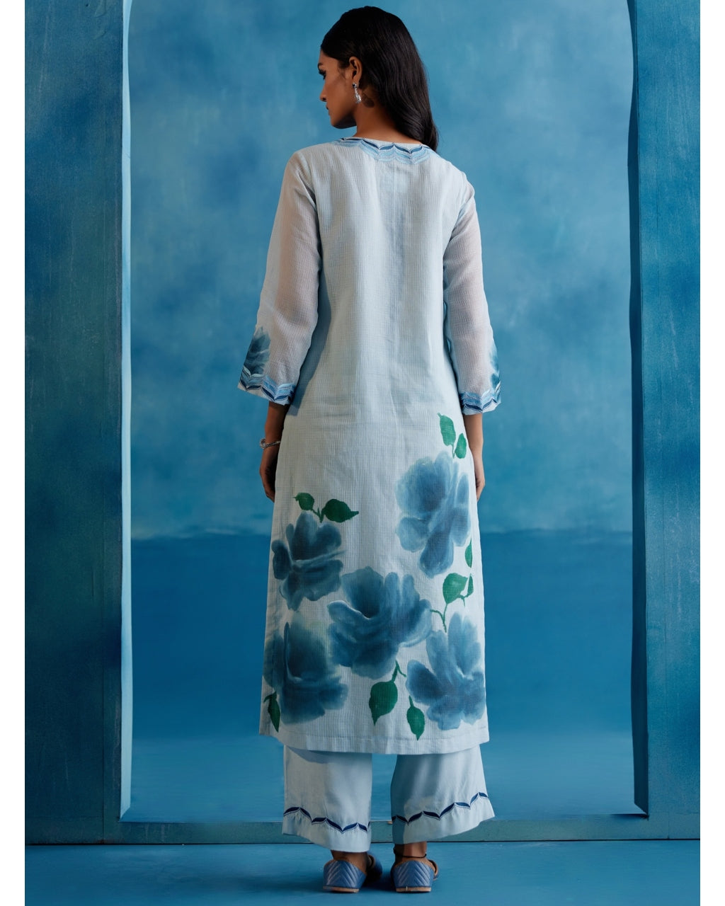 Blue Kota Silk Hand-Painted Embroidered Kurta Set