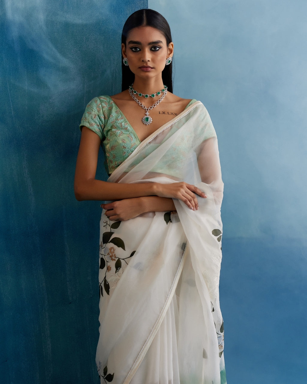 Sage Green Silk Organza Hand-Painted Leheriya Sari