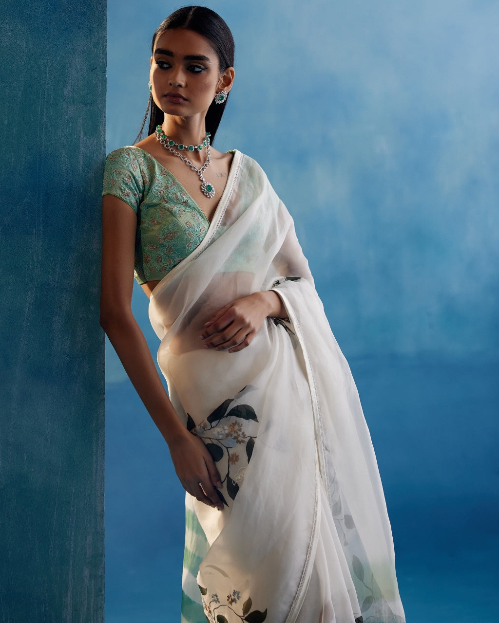 Sage Green Silk Organza Hand-Painted Leheriya Sari