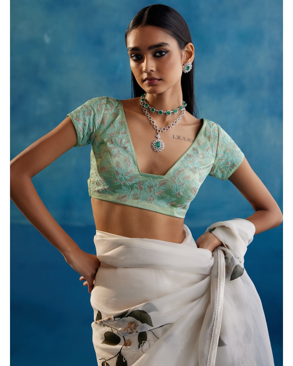 Sage Green Silk Organza Hand-Painted Leheriya Sari