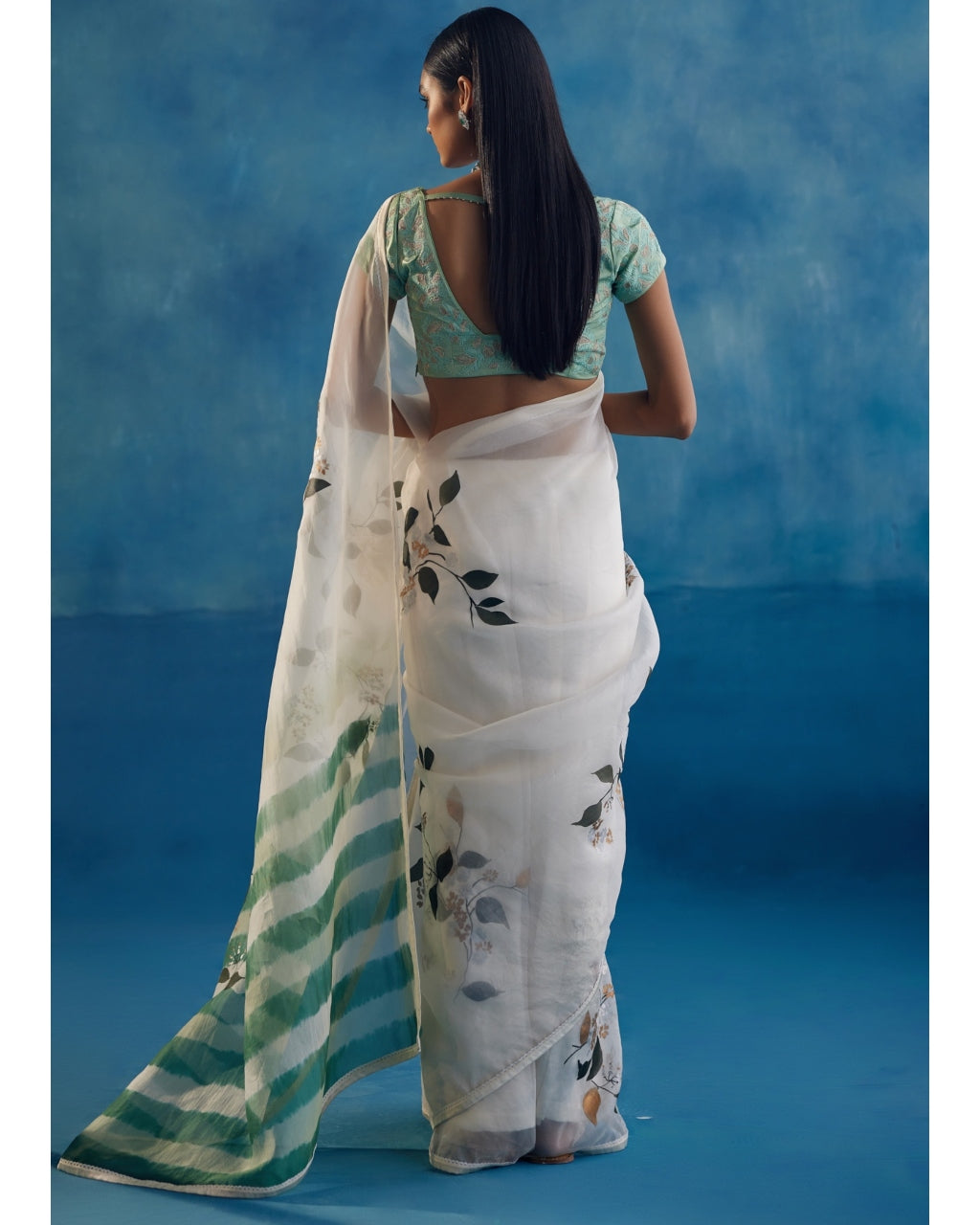 Sage Green Silk Organza Hand-Painted Leheriya Sari