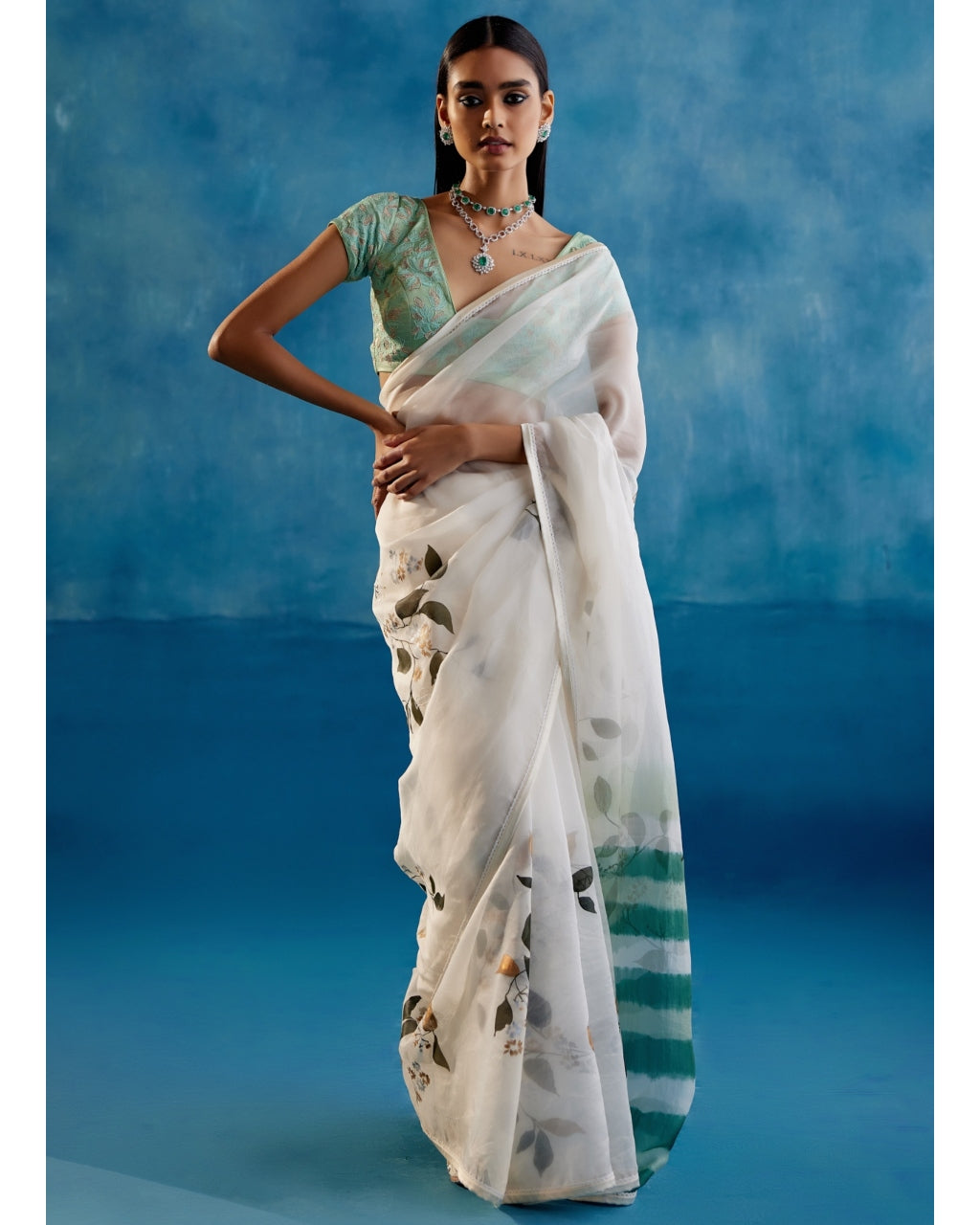 Sage Green Silk Organza Hand-Painted Leheriya Sari