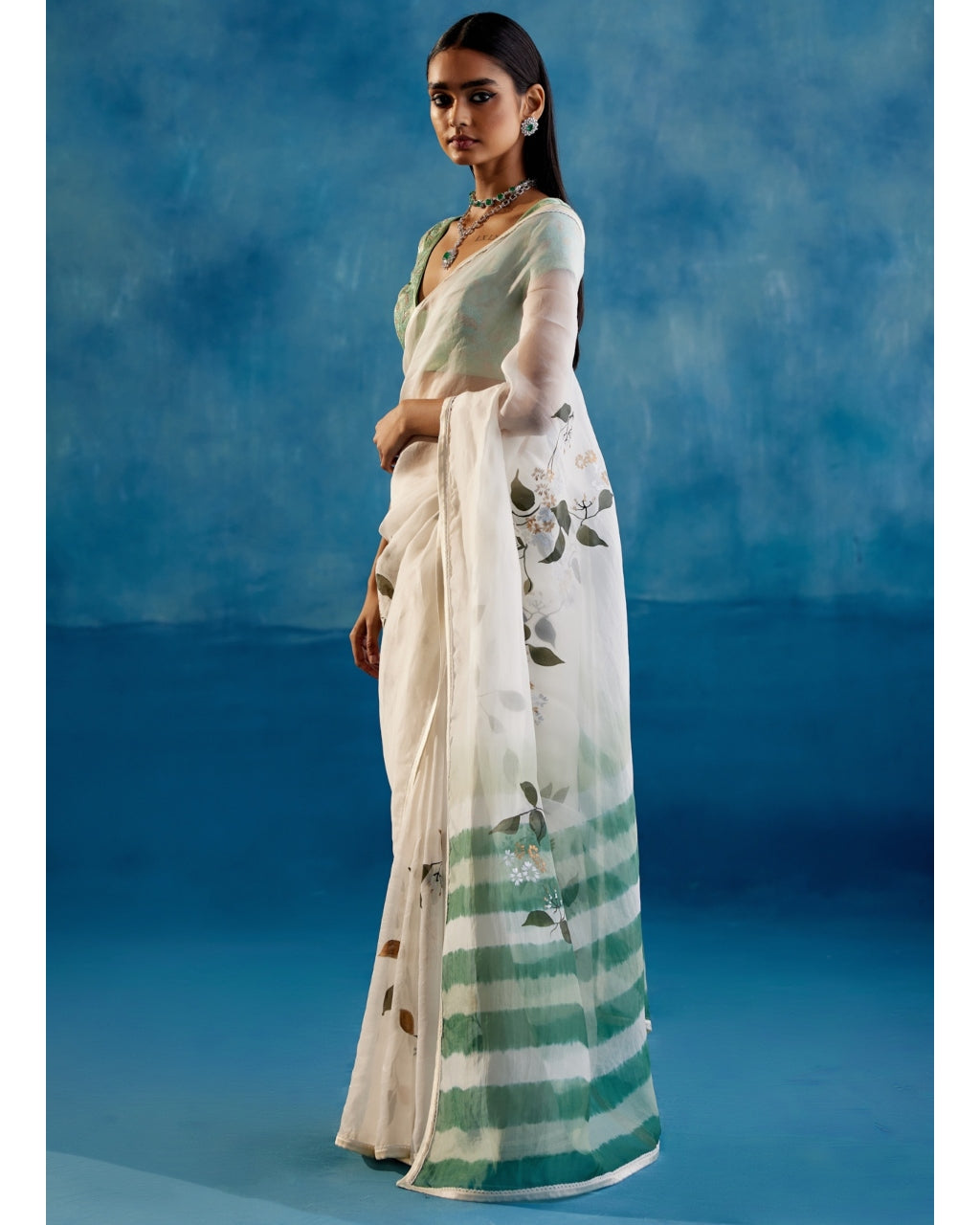 Sage Green Silk Organza Hand-Painted Leheriya Sari