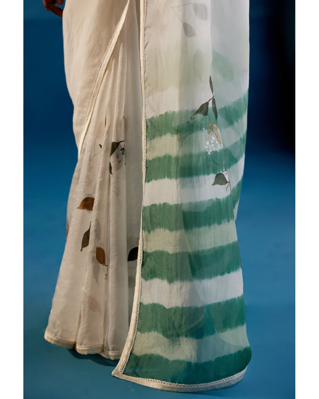 Sage Green Silk Organza Hand-Painted Leheriya Sari