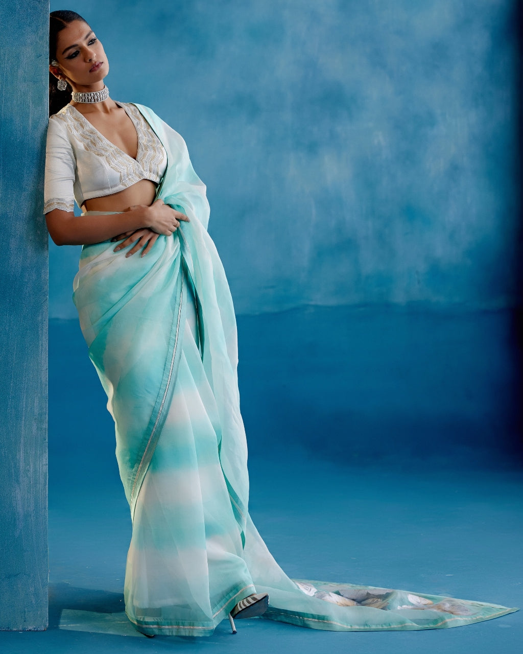 Aqua Blue Silk Organza Hand-Painted Leheriya Sari