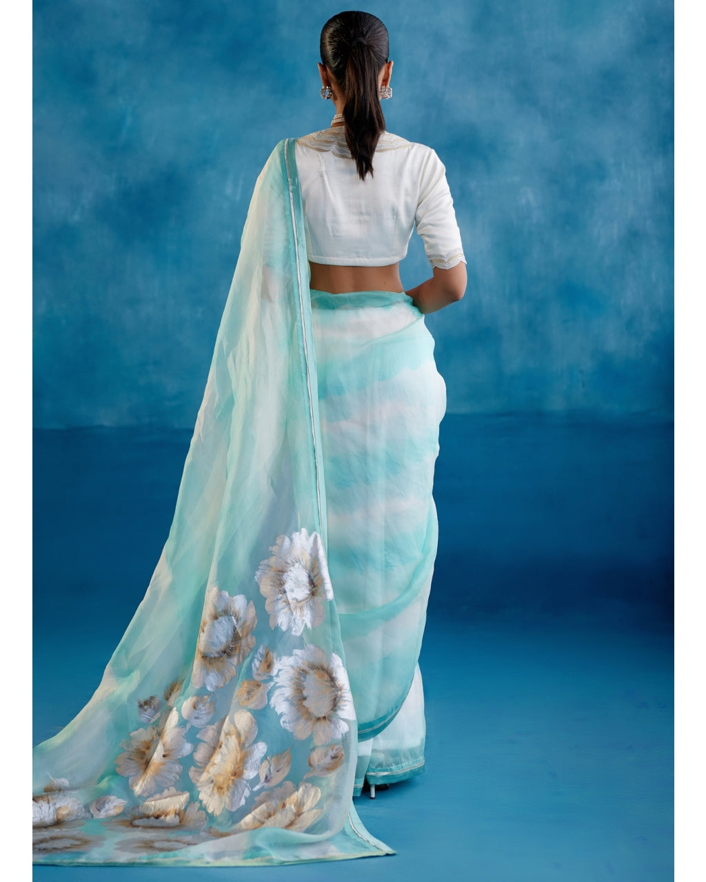 Aqua Blue Silk Organza Hand-Painted Leheriya Sari