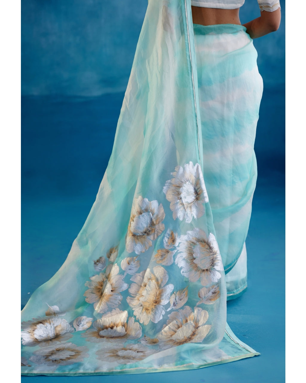 Aqua Blue Silk Organza Hand-Painted Leheriya Sari