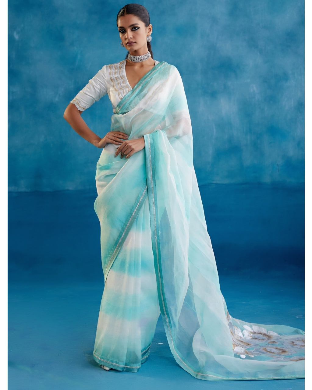 Aqua Blue Silk Organza Hand-Painted Leheriya Sari