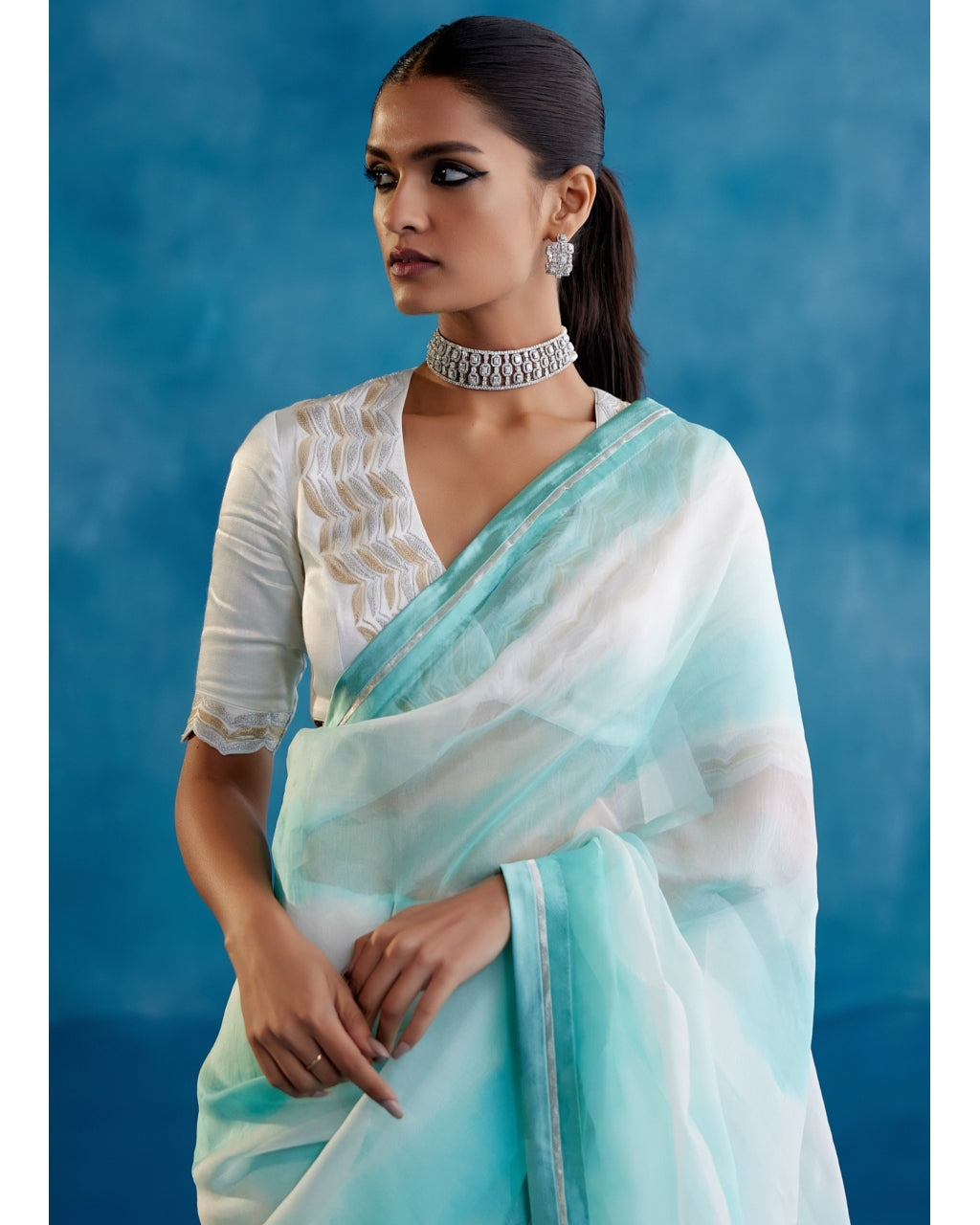 Aqua Blue Silk Organza Hand-Painted Leheriya Sari