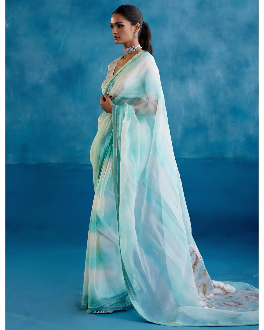 Aqua Blue Silk Organza Hand-Painted Leheriya Sari