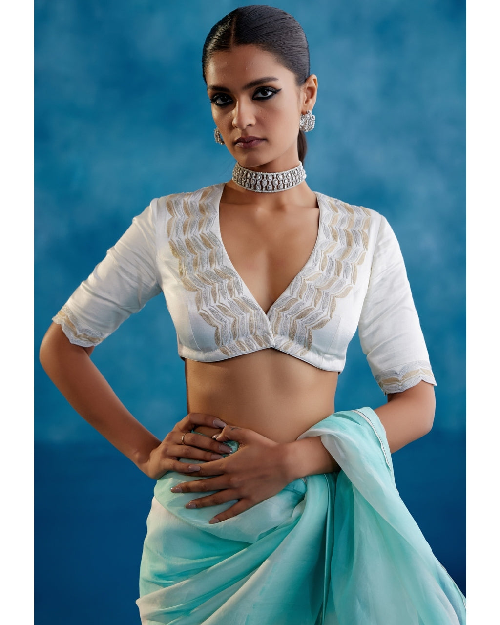 Aqua Blue Silk Organza Hand-Painted Leheriya Sari