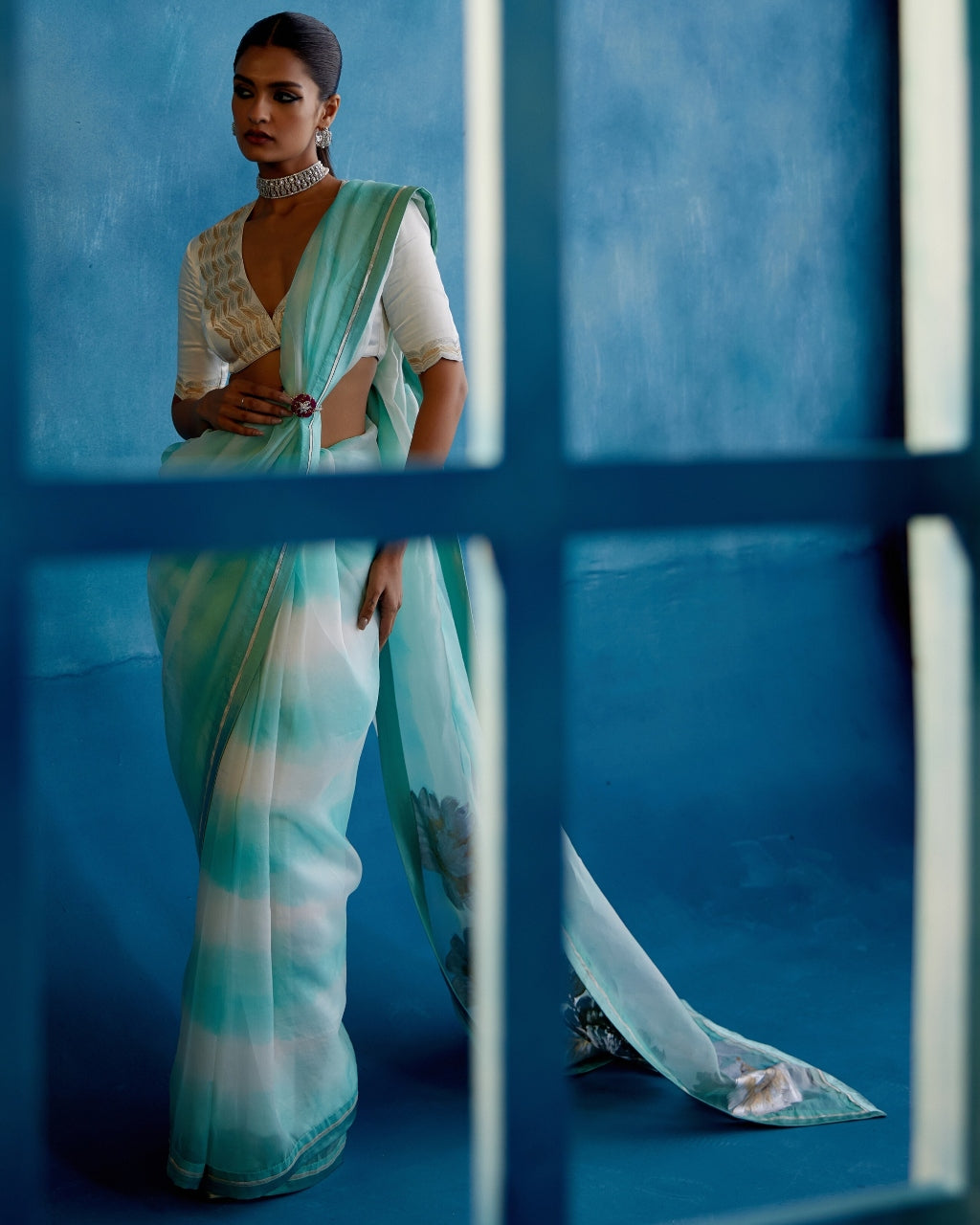 Aqua Blue Silk Organza Hand-Painted Leheriya Sari