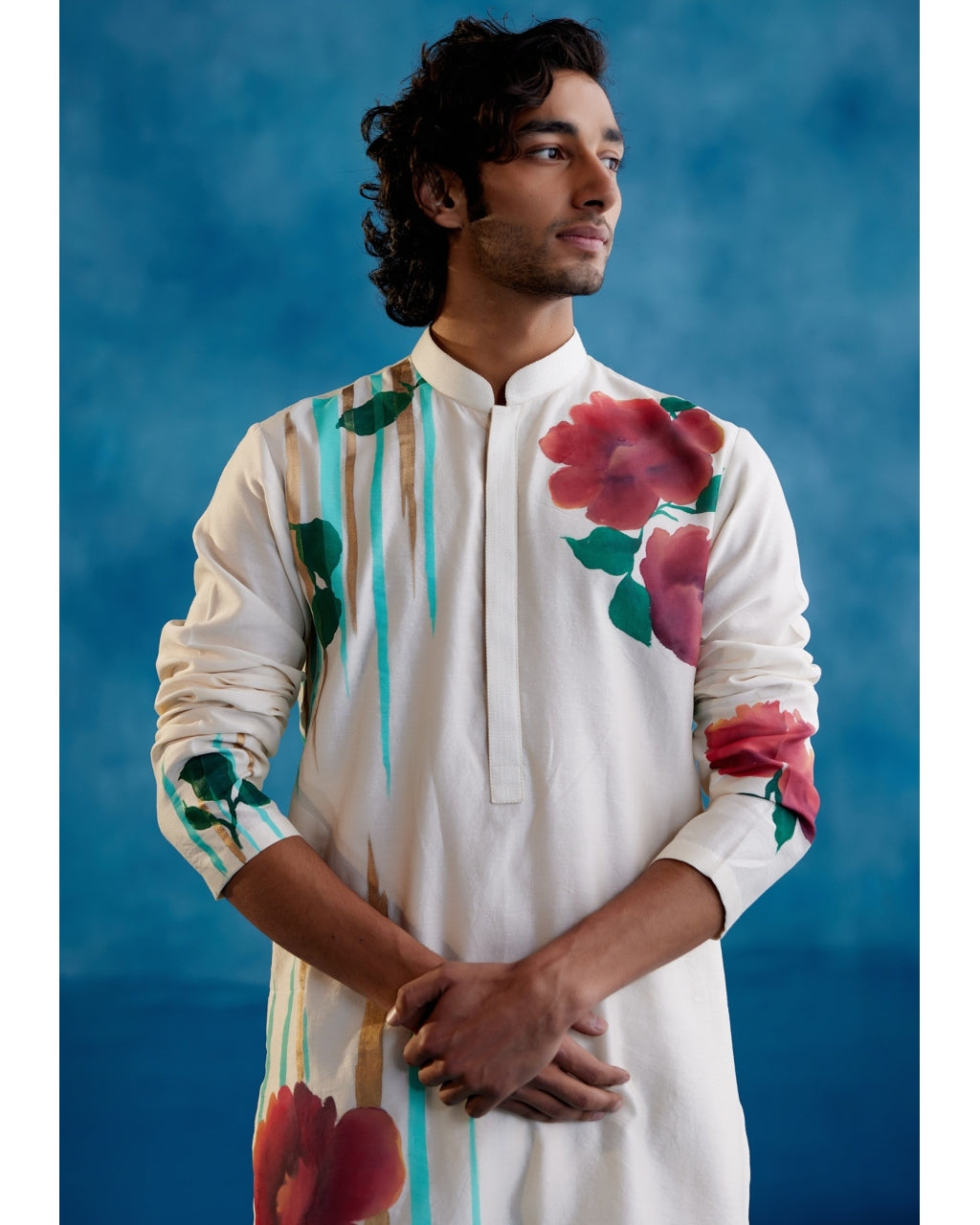 Beige Silk Chanderi Hand-Painted Kurta Set