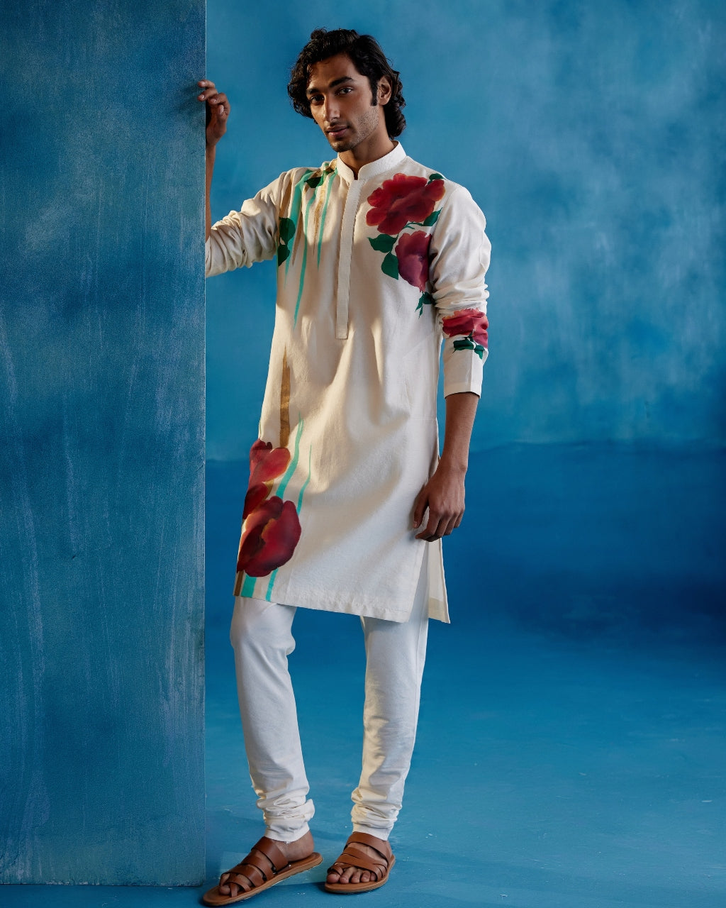 Beige Silk Chanderi Hand-Painted Kurta Set