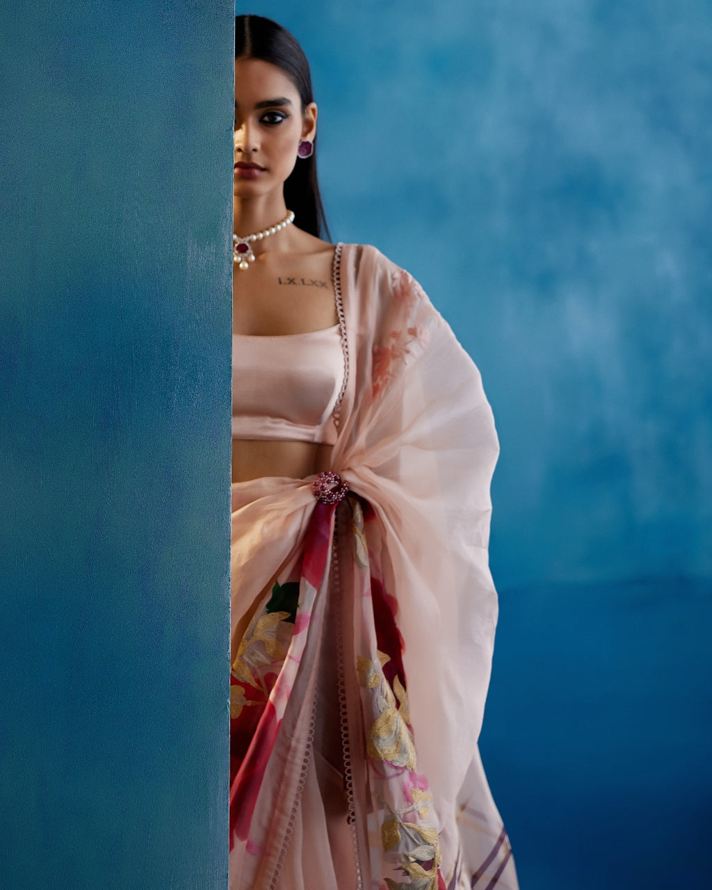 Blush Pink And Red Silk Organza Hand-Painted Embroidered Sari