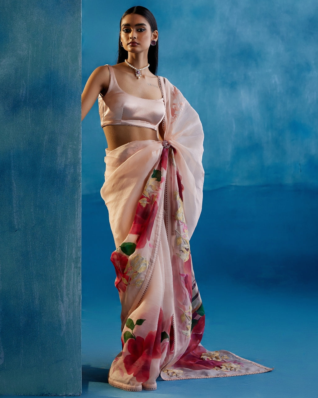 Blush Pink And Red Silk Organza Hand-Painted Embroidered Sari