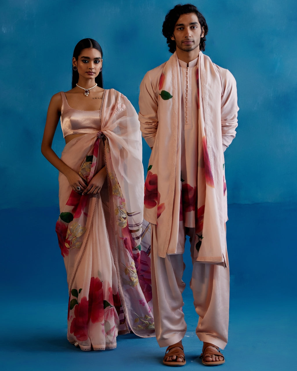 Blush Pink And Red Silk Organza Hand-Painted Embroidered Sari