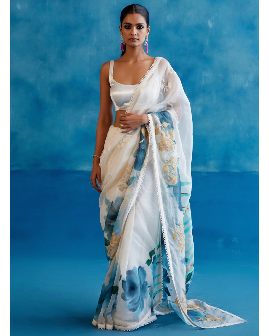 Ivory And Blue Silk Organza Hand-Painted Embroidered Sari