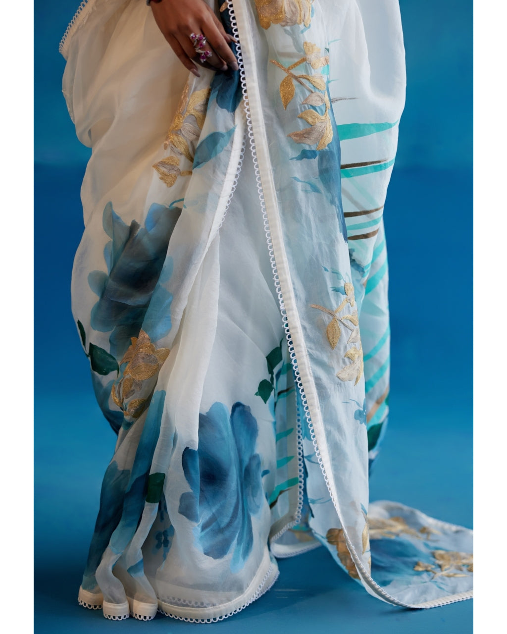 Ivory And Blue Silk Organza Hand-Painted Embroidered Sari