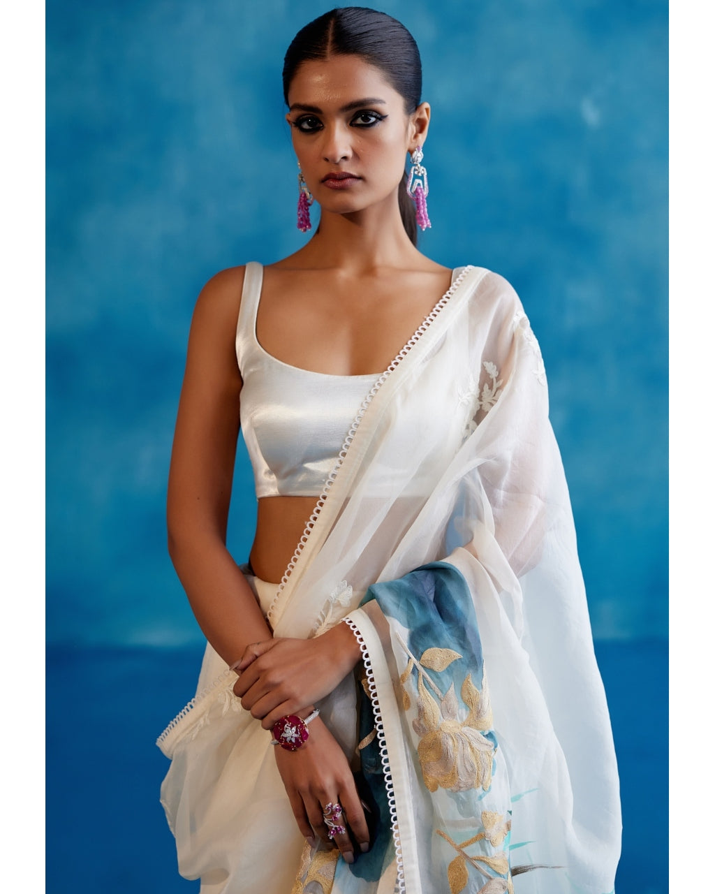 Ivory And Blue Silk Organza Hand-Painted Embroidered Sari