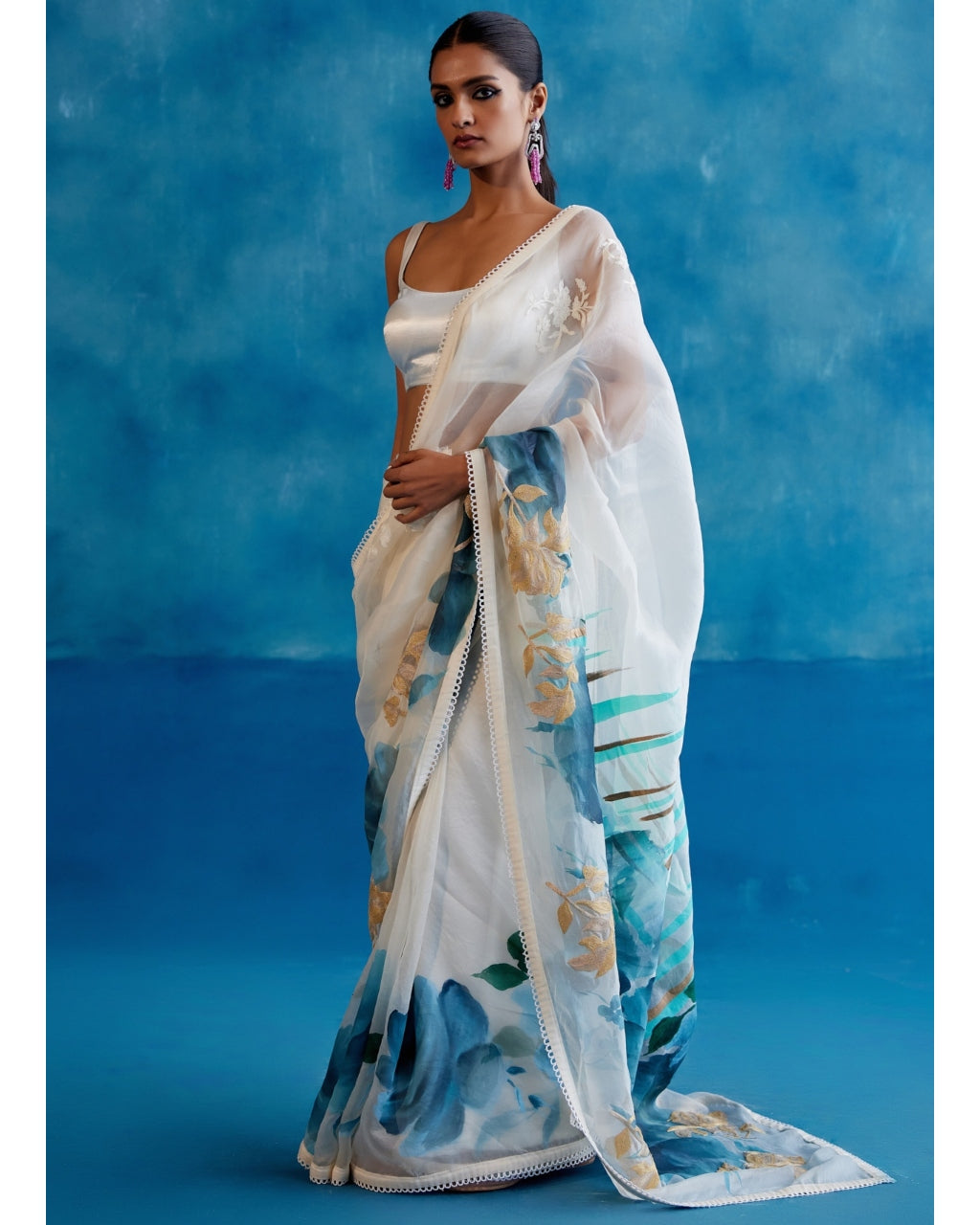 Ivory And Blue Silk Organza Hand-Painted Embroidered Sari