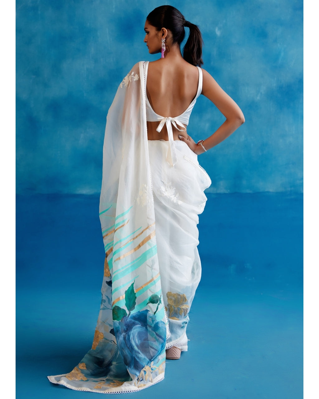 Ivory And Blue Silk Organza Hand-Painted Embroidered Sari