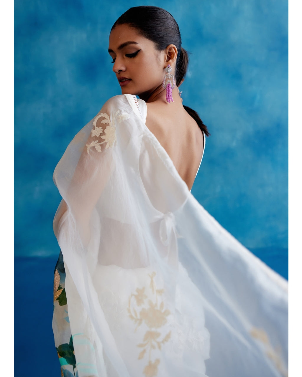 Ivory And Blue Silk Organza Hand-Painted Embroidered Sari