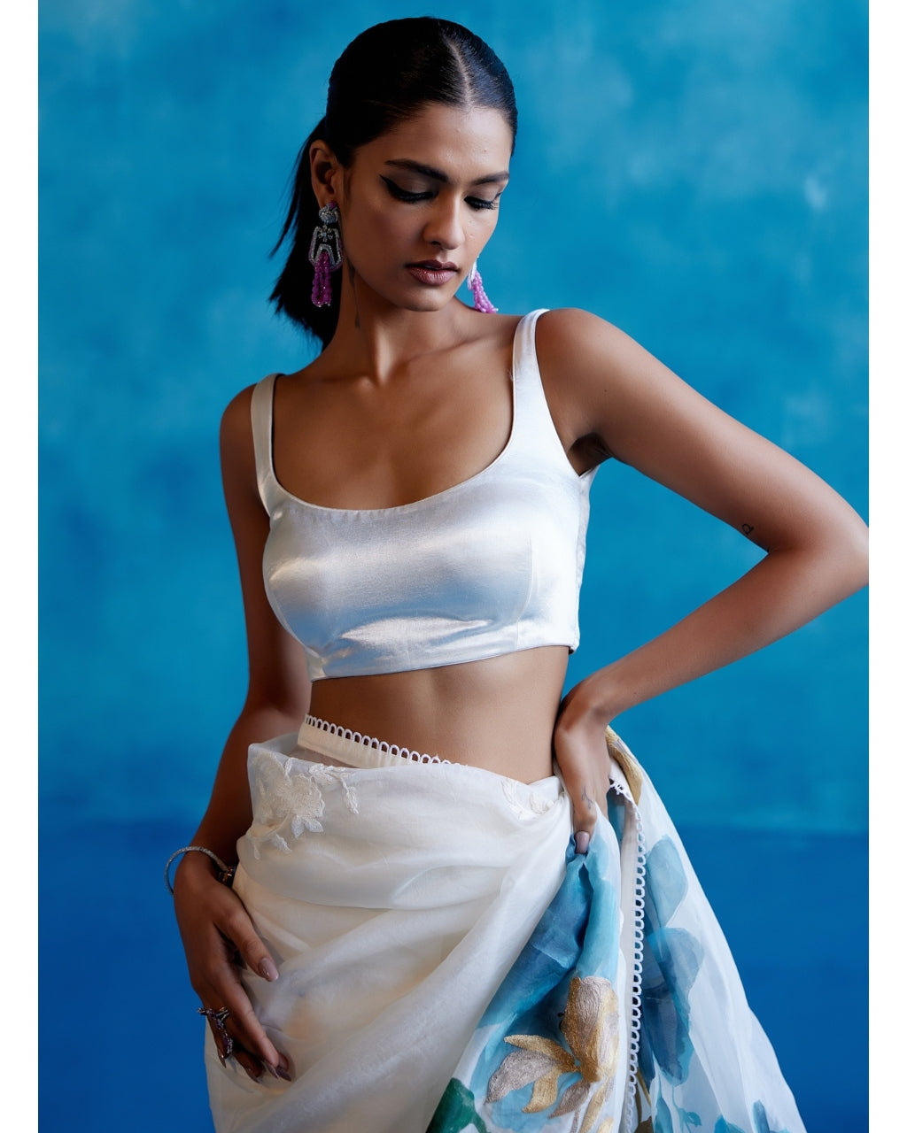 Ivory And Blue Silk Organza Hand-Painted Embroidered Sari