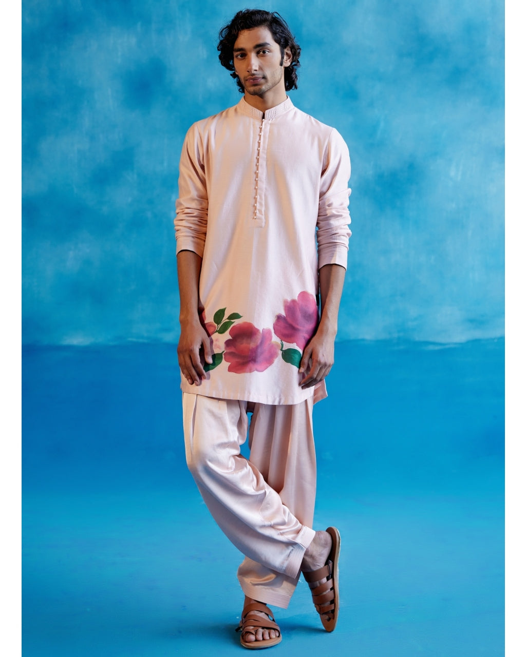 Blush Pink Silk Chanderi Hand-Painted Kurta Set