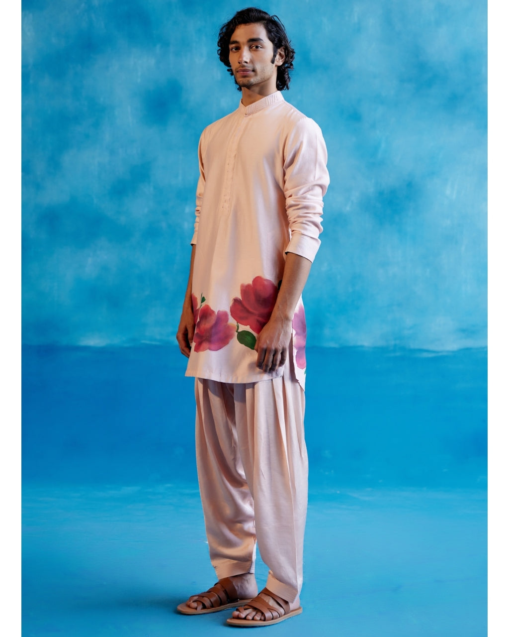 Blush Pink Silk Chanderi Hand-Painted Kurta Set