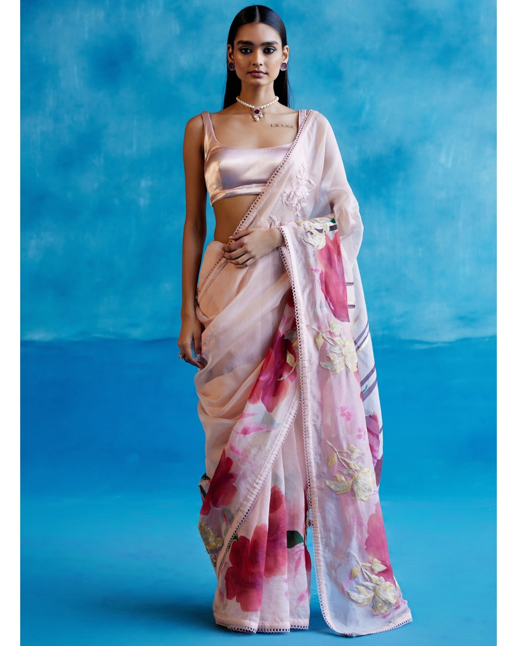 Blush Pink And Red Silk Organza Hand-Painted Embroidered Sari