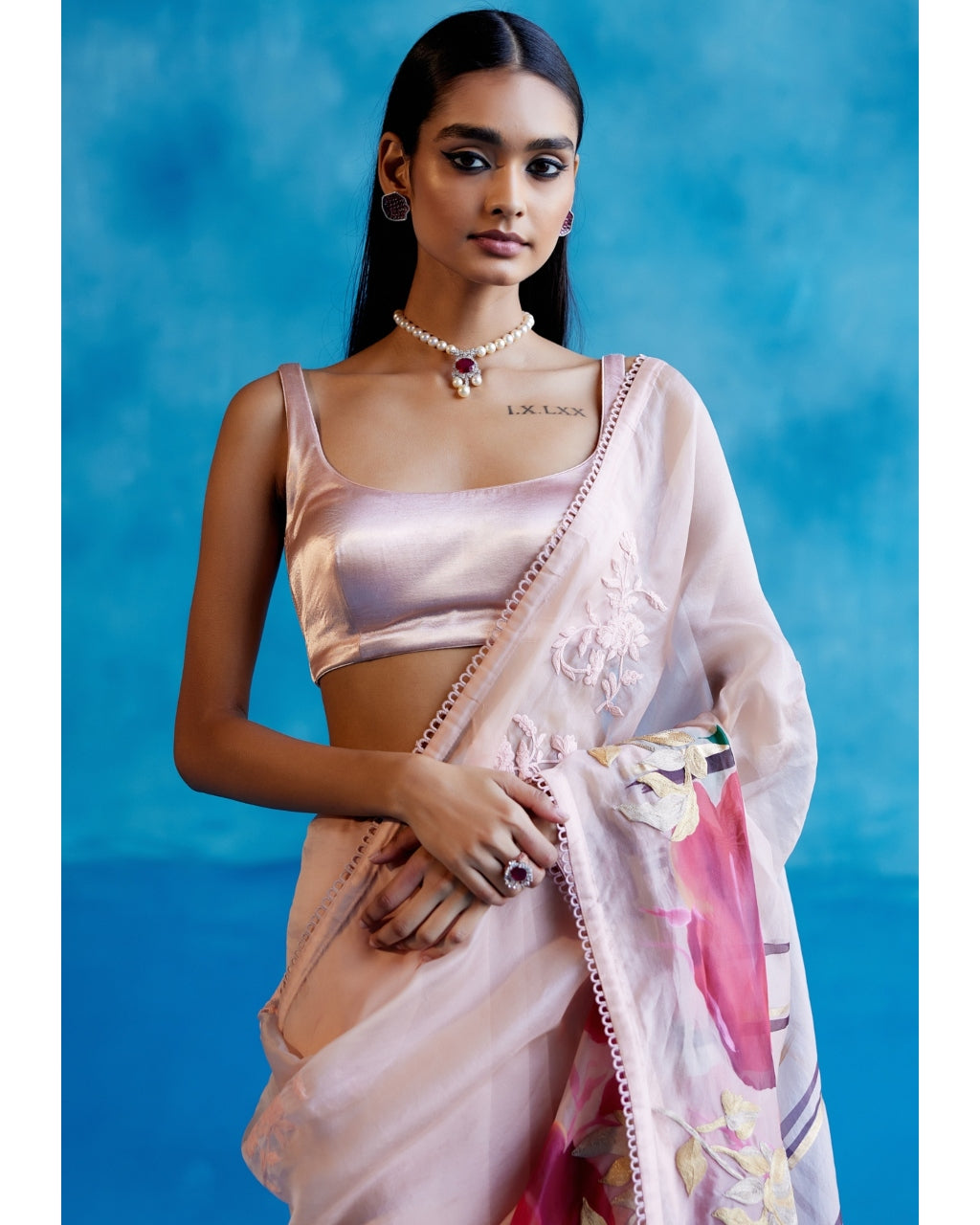 Blush Pink And Red Silk Organza Hand-Painted Embroidered Sari