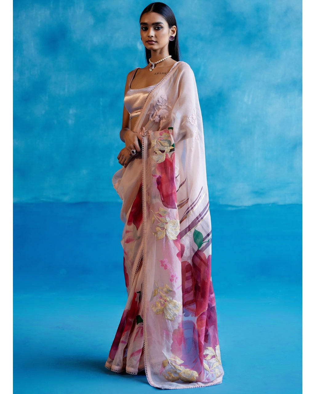 Blush Pink And Red Silk Organza Hand-Painted Embroidered Sari