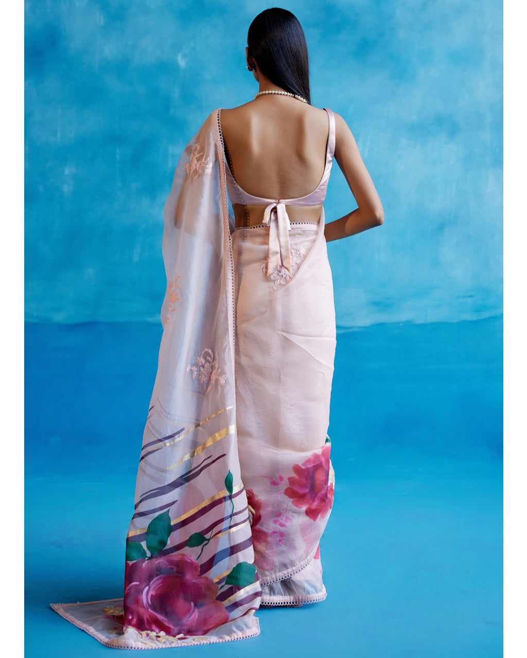 Blush Pink And Red Silk Organza Hand-Painted Embroidered Sari