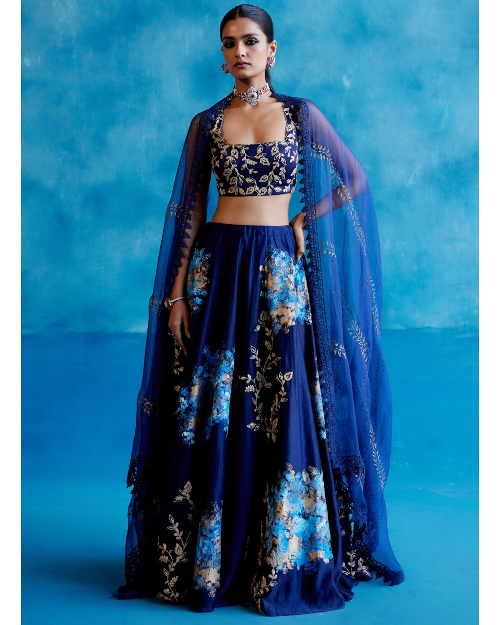 Navy Blue Silk Chanderi Hand-Painted Lehenga Set