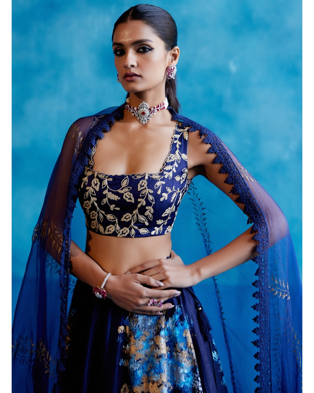 Navy Blue Silk Chanderi Hand-Painted Lehenga Set