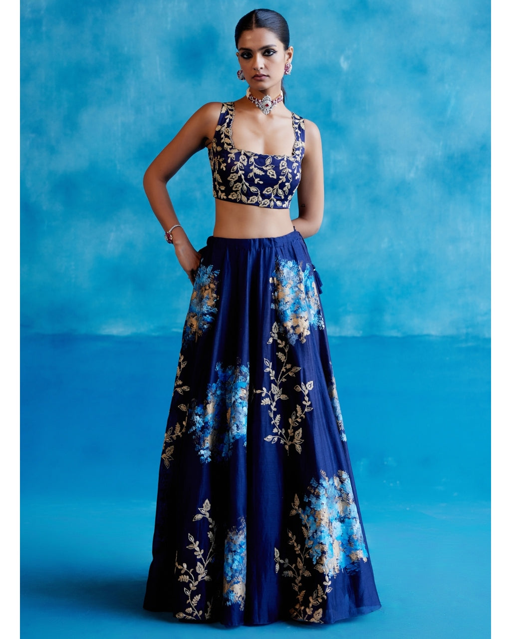 Navy Blue Silk Chanderi Hand-Painted Lehenga Set