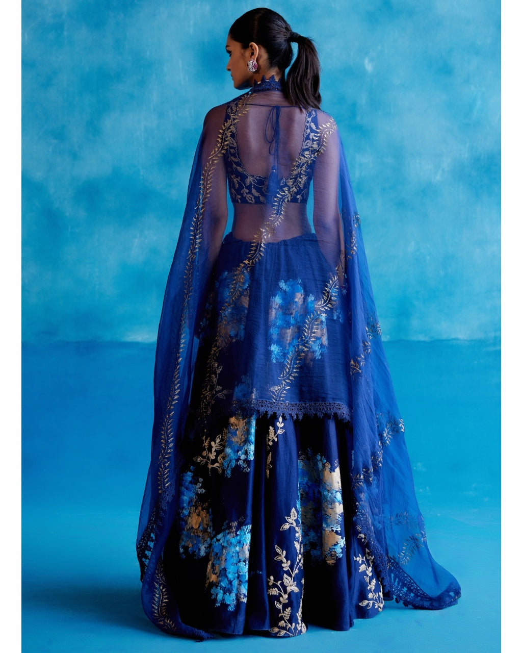 Navy Blue Silk Chanderi Hand-Painted Lehenga Set