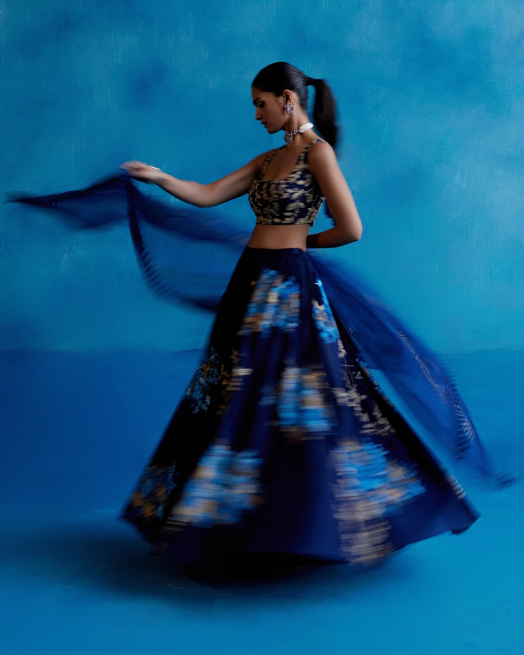 Navy Blue Silk Chanderi Hand-Painted Lehenga Set