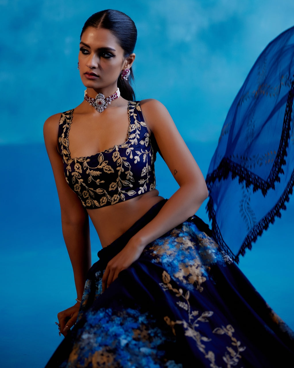 Navy Blue Silk Chanderi Hand-Painted Lehenga Set