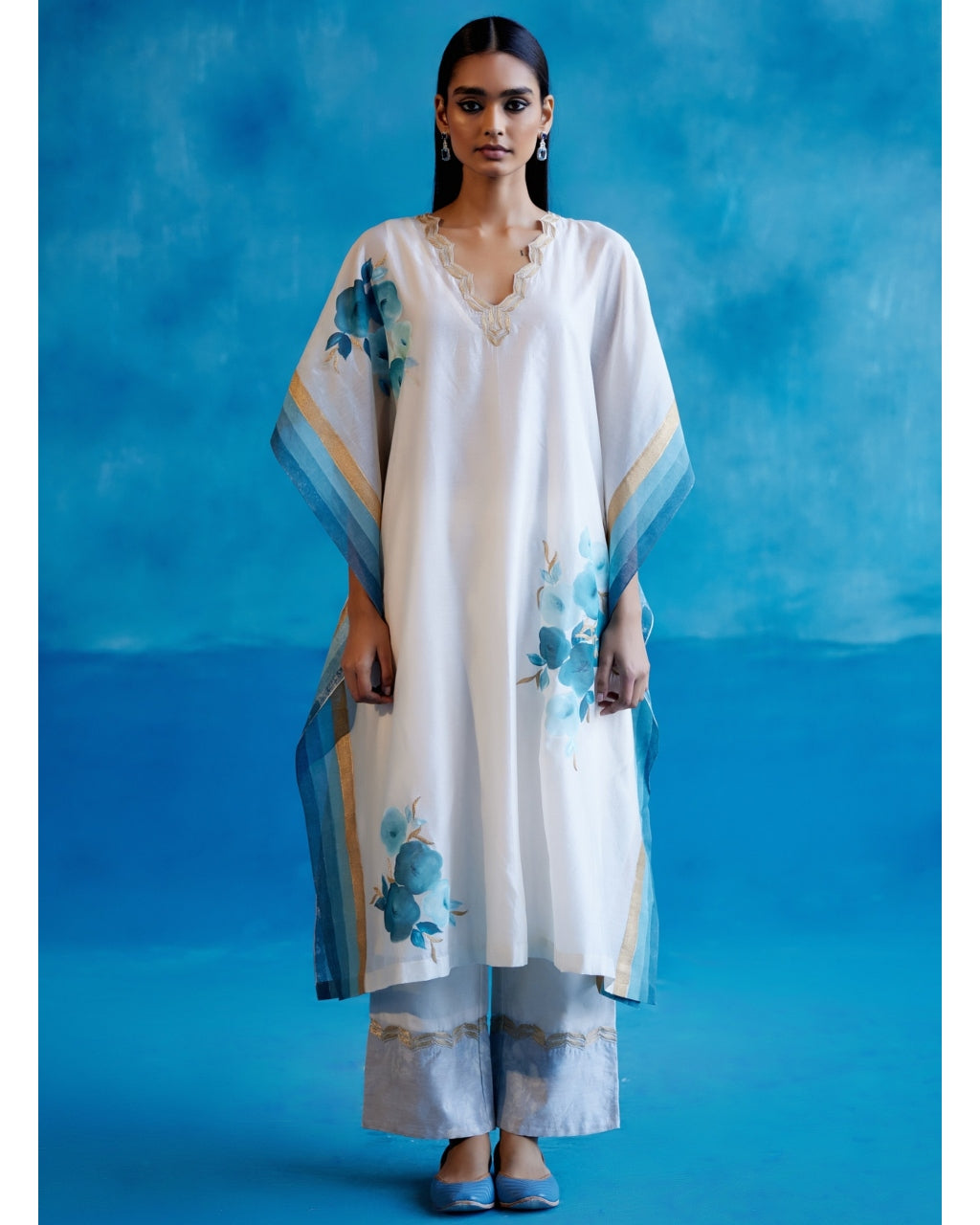 Ivory And Blue Silk Chanderi Hand-Painted Embroidered Kaftan Set