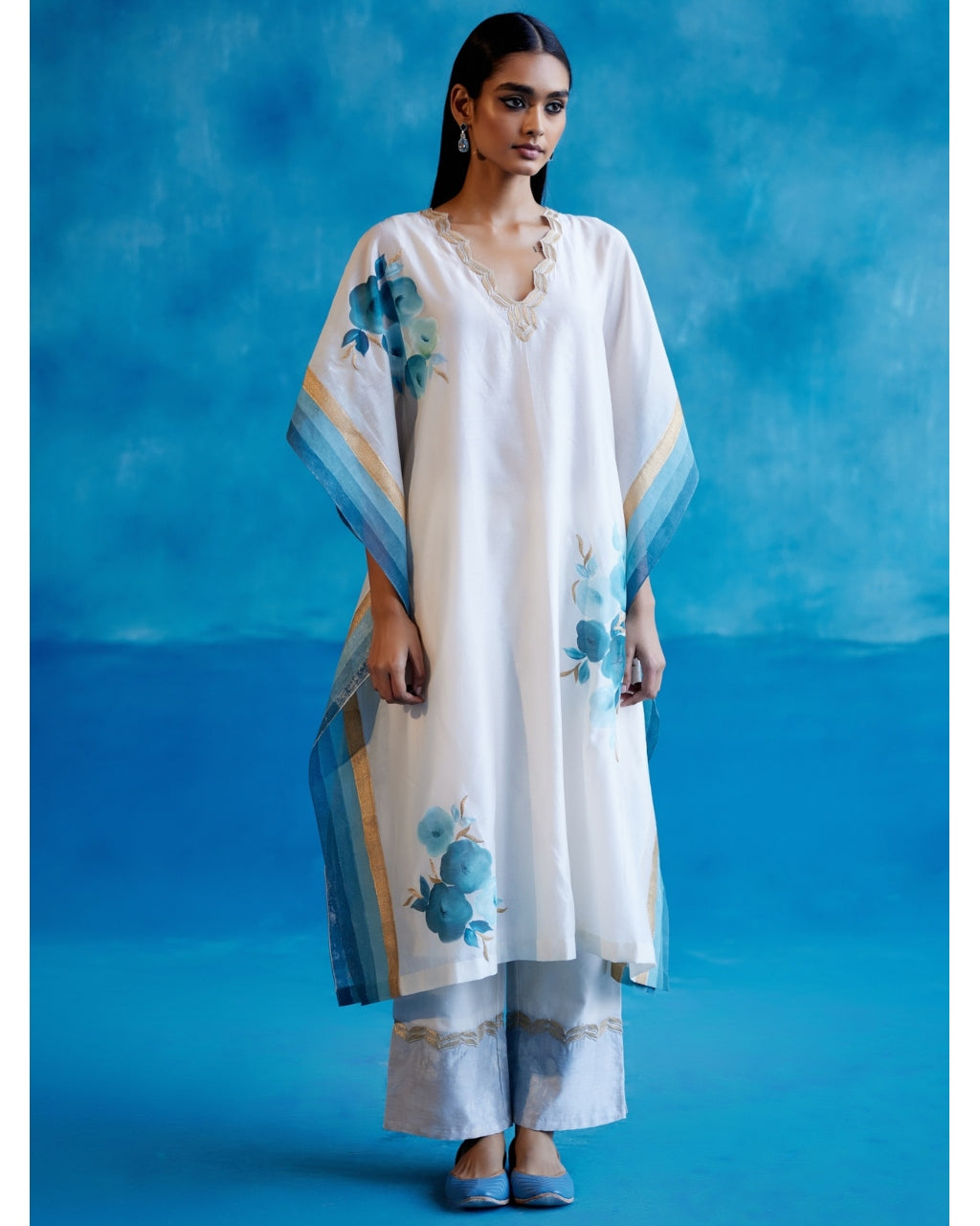 Ivory And Blue Silk Chanderi Hand-Painted Embroidered Kaftan Set