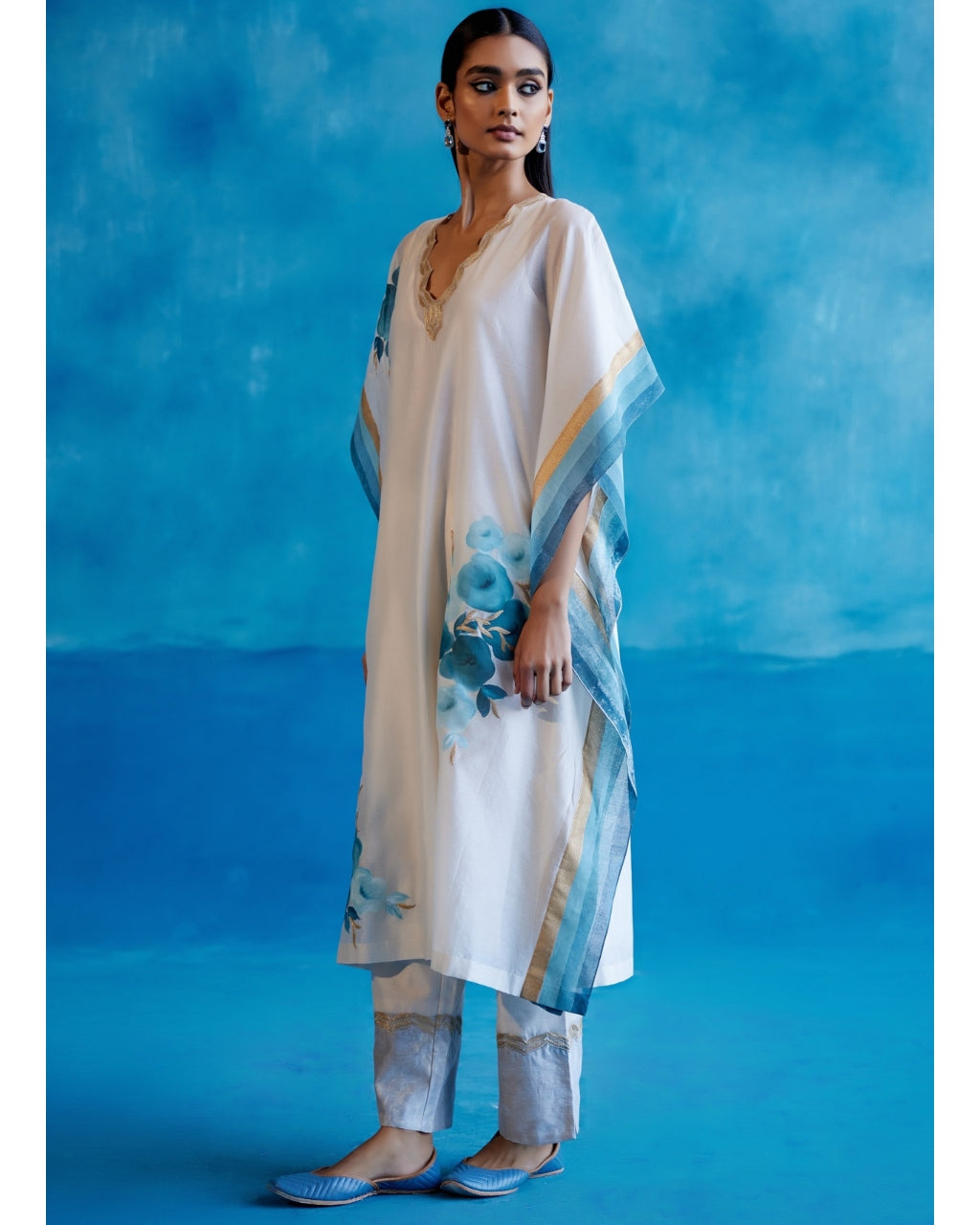 Ivory And Blue Silk Chanderi Hand-Painted Embroidered Kaftan Set