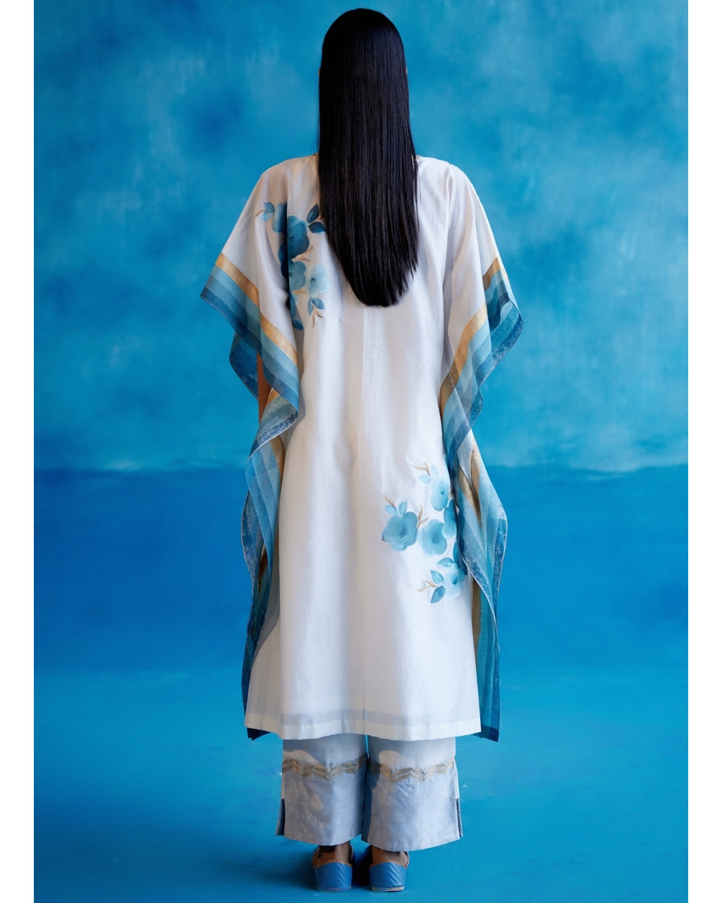 Ivory And Blue Silk Chanderi Hand-Painted Embroidered Kaftan Set