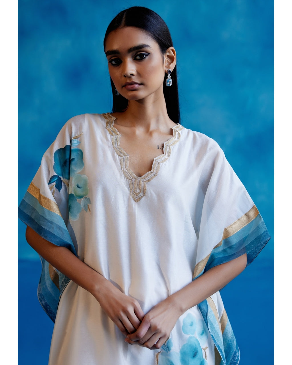 Ivory And Blue Silk Chanderi Hand-Painted Embroidered Kaftan Set