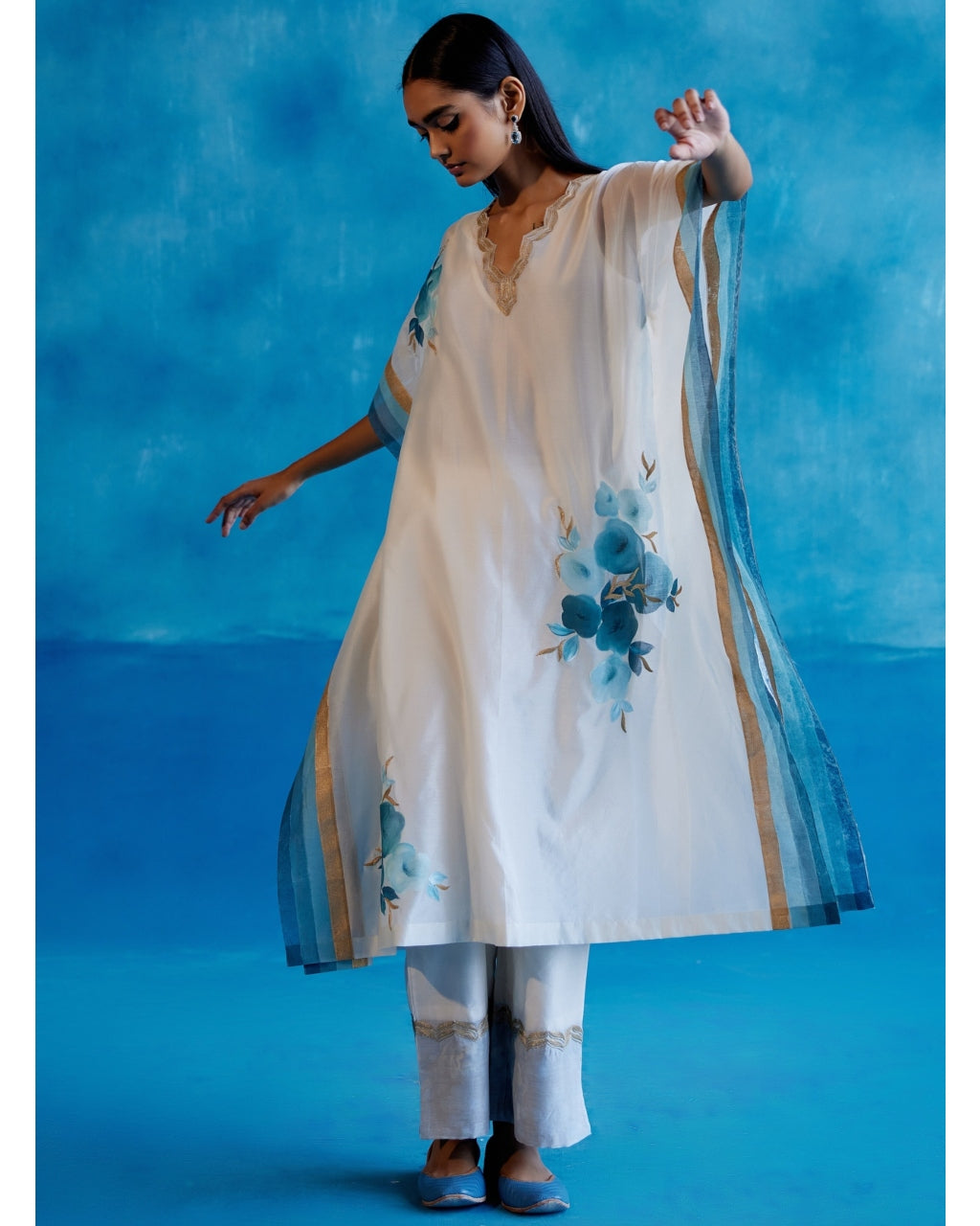 Ivory And Blue Silk Chanderi Hand-Painted Embroidered Kaftan Set