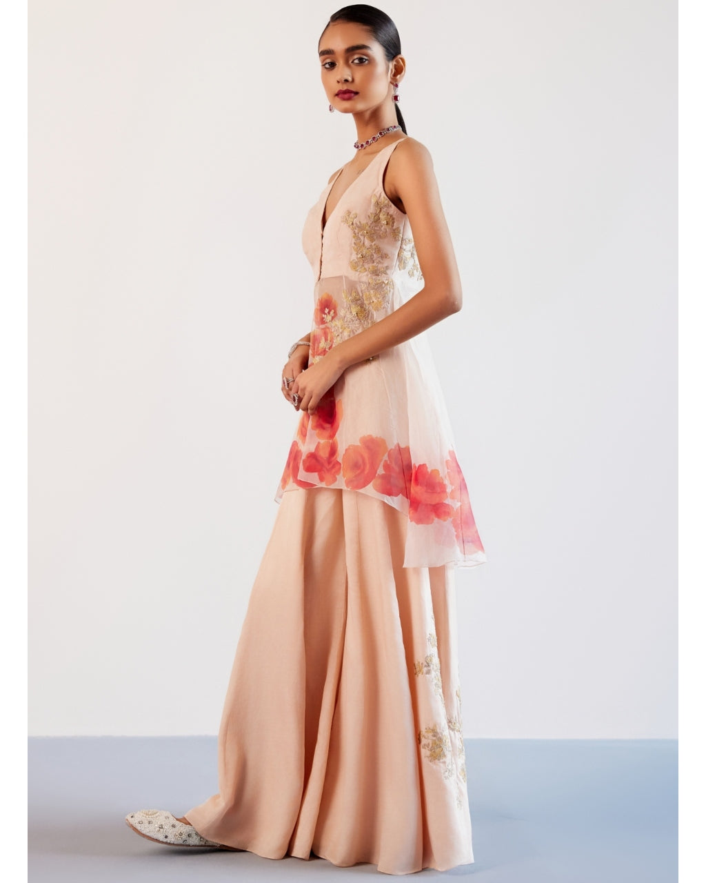 Blush Pink Silk Organza Hand-Painted Embroidered Sharara Set