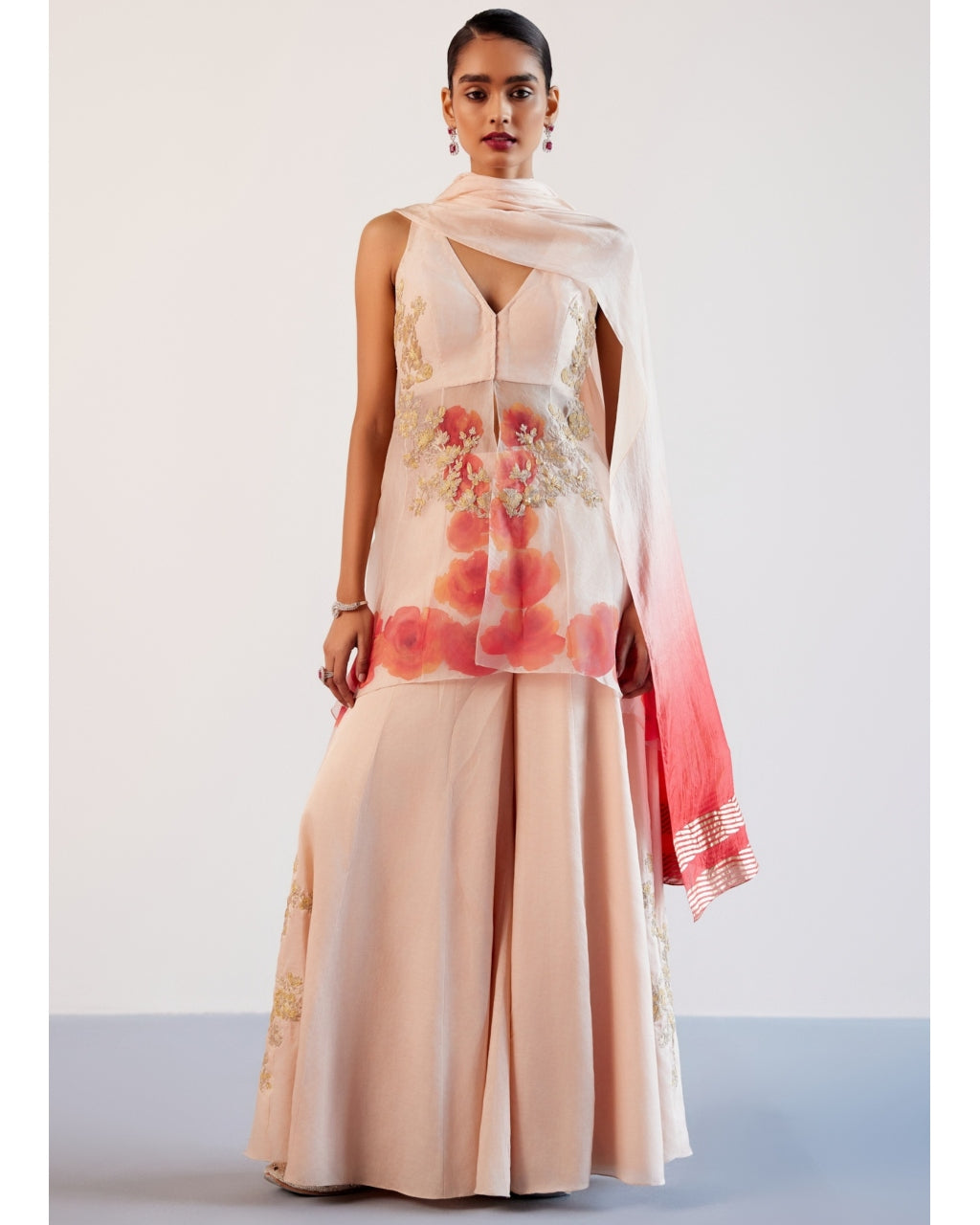 Blush Pink Silk Organza Hand-Painted Embroidered Sharara Set