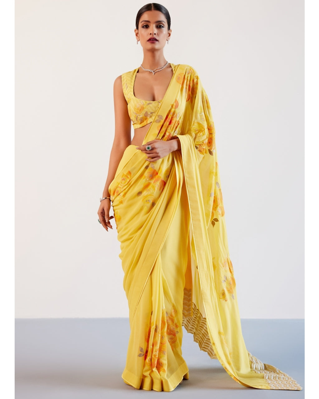 Yellow Pure Georgette Hand-Painted Embroidered Sari