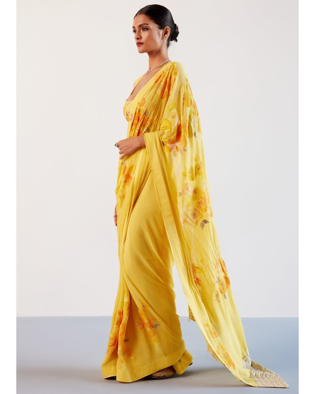 Yellow Pure Georgette Hand-Painted Embroidered Sari